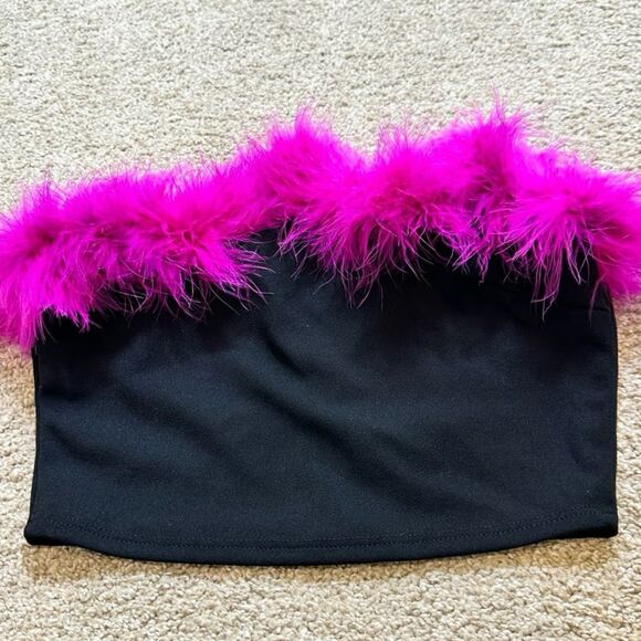 Black & Hot Pink Feathered Tube Top Bandeau - M - Picture 1 of 2